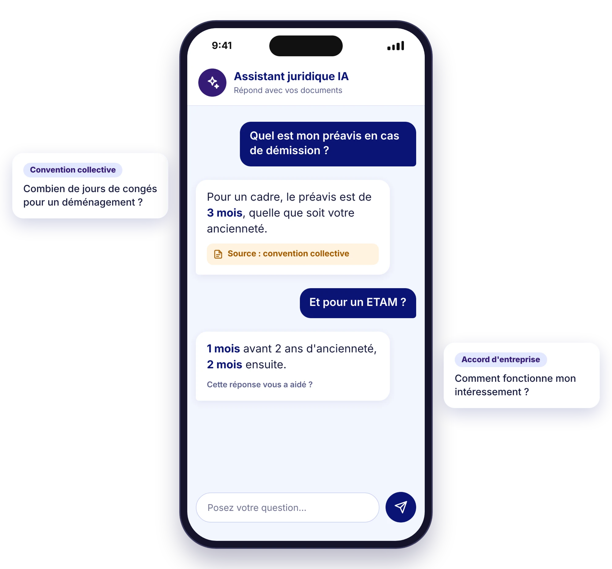 L'assistant juridique IA de Maviepro sur un téléphone, avec des exemples de questions