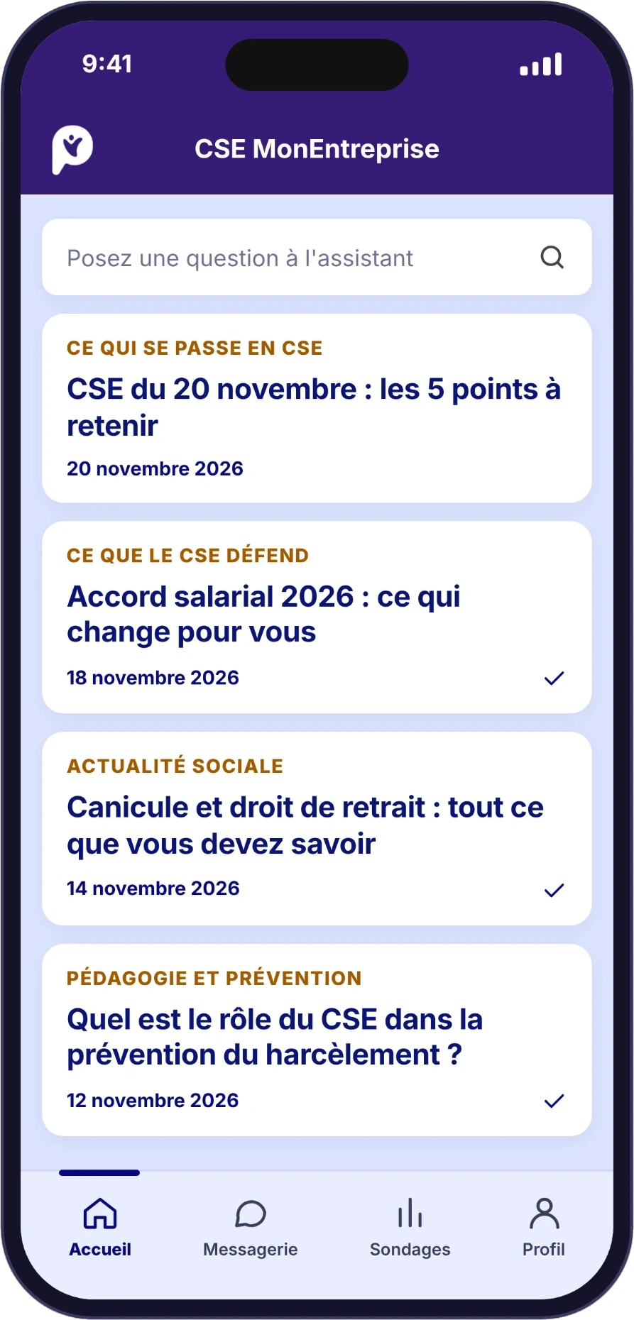 Page d'accueil de l'application Maviepro avec quatre contenus du CSE